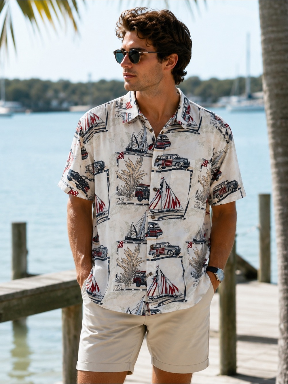 Clearwater Outfitters XL Patriotic Americana Camp Shirt Sailboats Cars Nautical